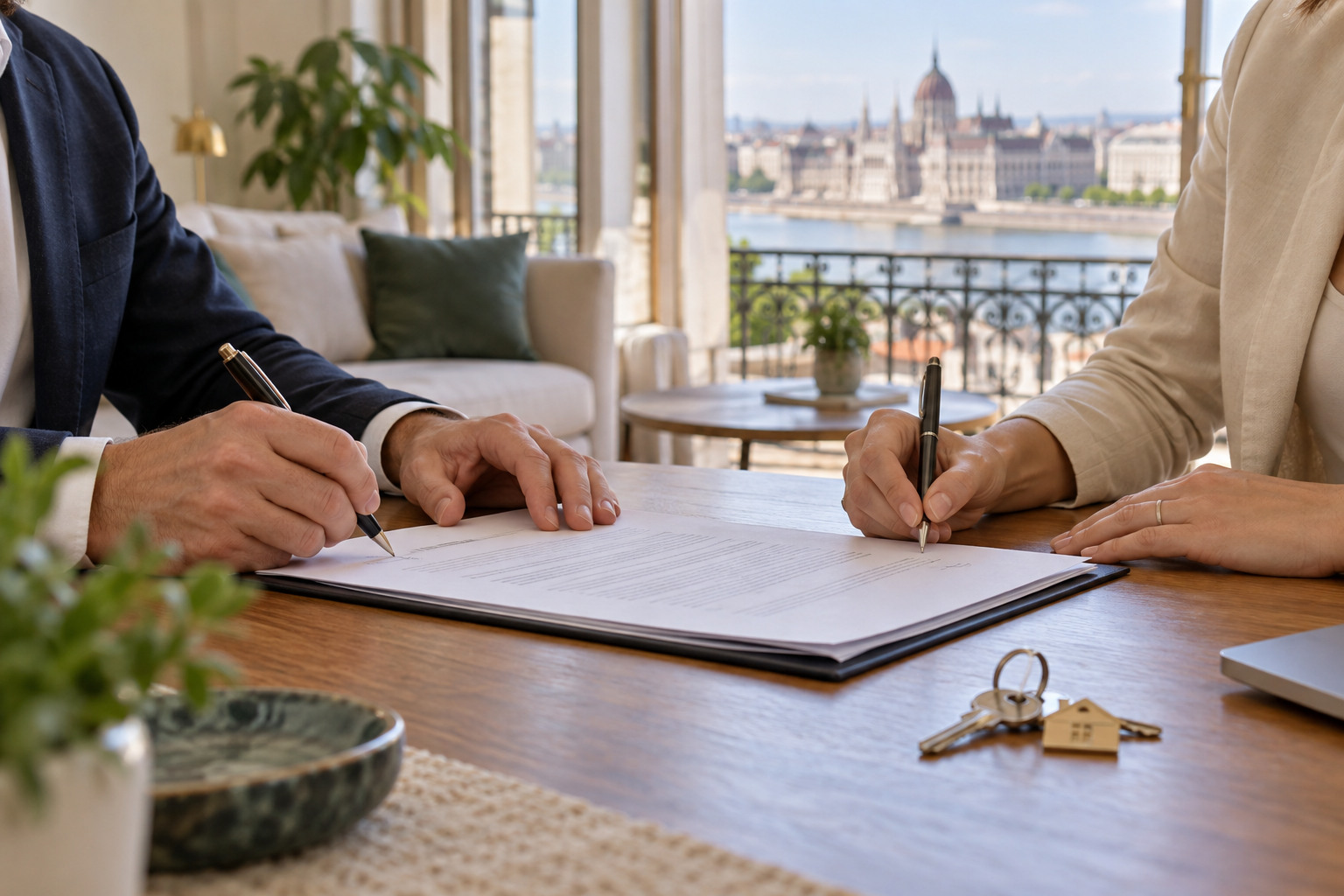 Signing property purchase documents in Budapest
