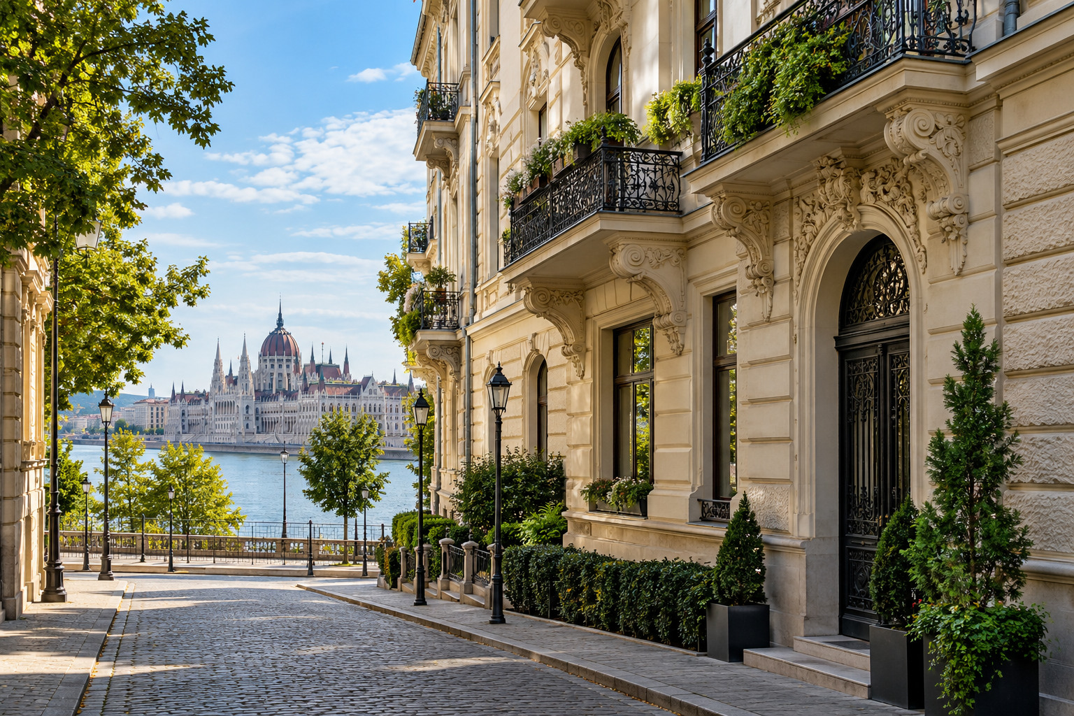 Elegant Budapest street with historic architecture and a view of Parliament